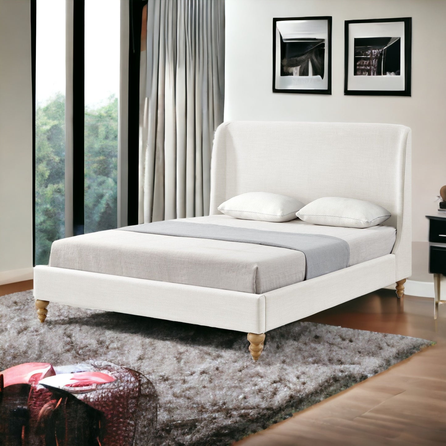 Cream Solid Wood Twin Upholstered Linen Bed