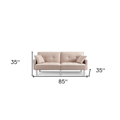 85" Beige Polyester Blend Convertible Futon Sleeper Sofa And Toss Pillows With Silver Legs