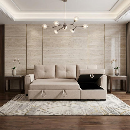 92" Beige Polyester Blend Convertible Futon Sleeper Sofa With Black Legs