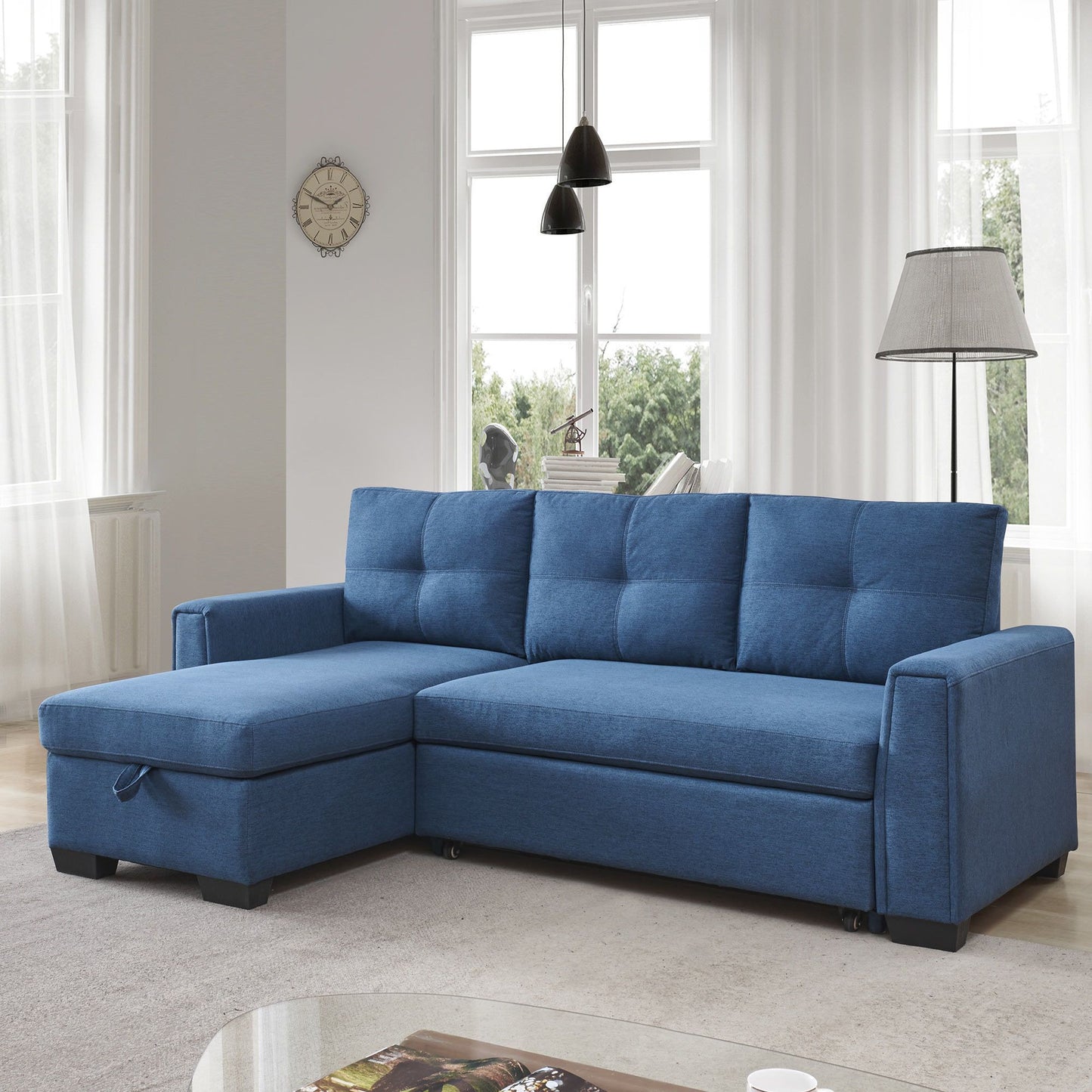 92" Blue Polyester Blend Convertible Futon Sleeper Sofa With Black Legs