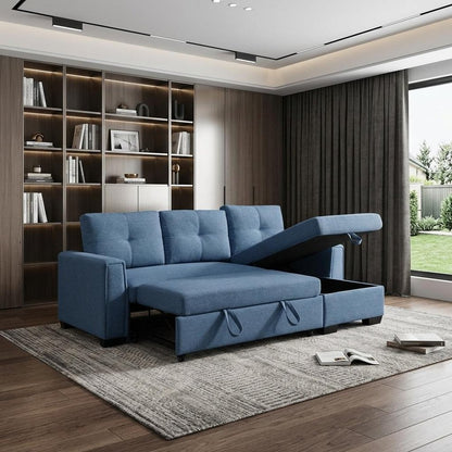 92" Blue Polyester Blend Convertible Futon Sleeper Sofa With Black Legs