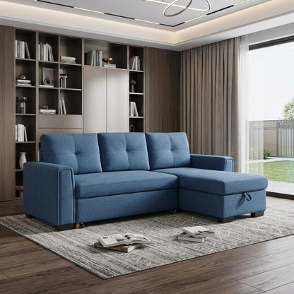 92" Blue Polyester Blend Convertible Futon Sleeper Sofa With Black Legs