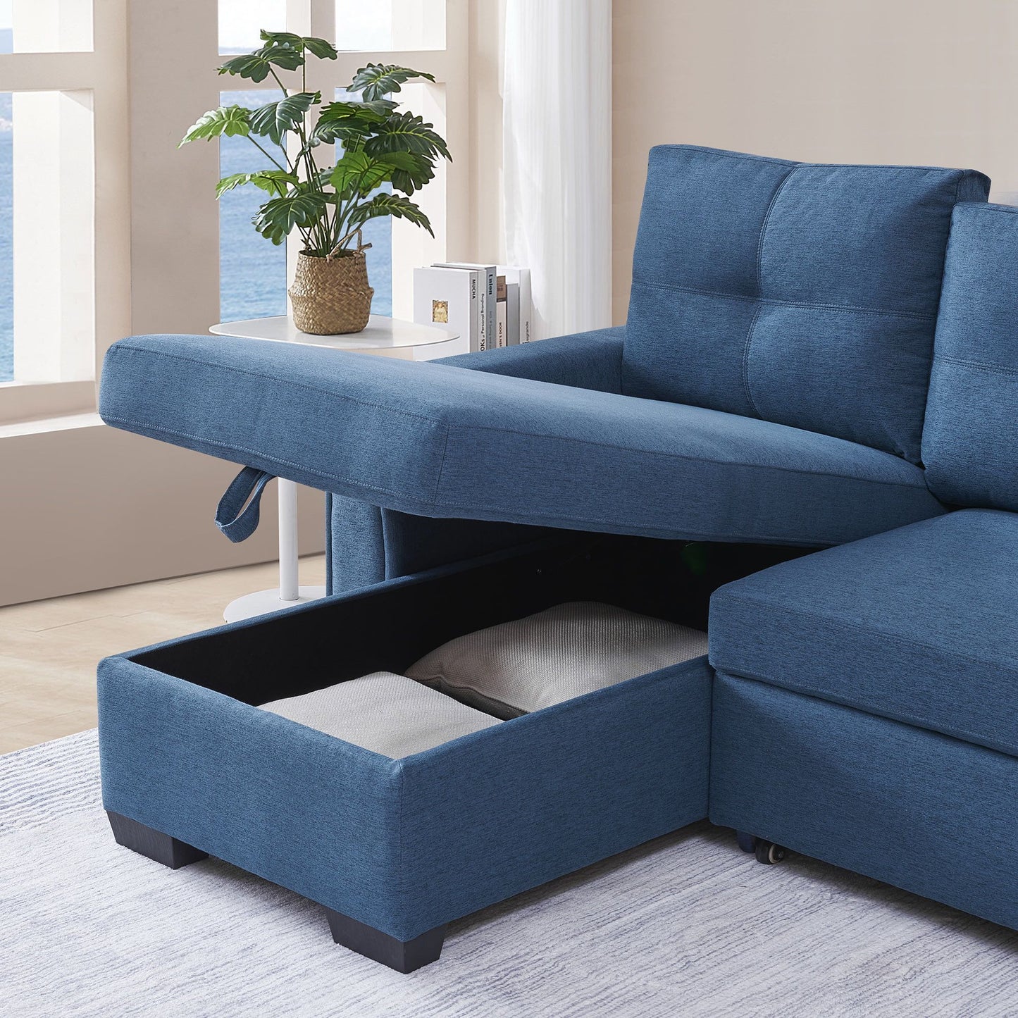 92" Blue Polyester Blend Convertible Futon Sleeper Sofa With Black Legs