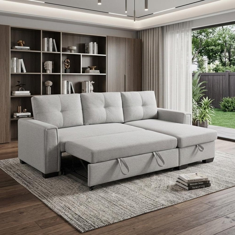 92" Light Gray Polyester Blend Convertible Futon Sleeper Sofa With Black Legs