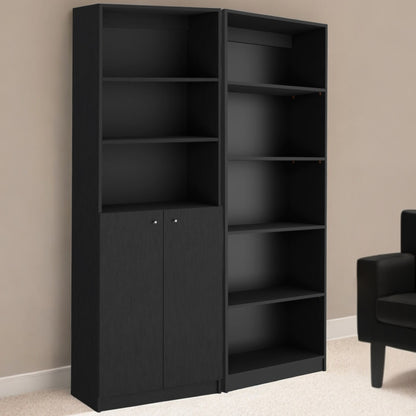 Set of Two 71" Black Five Tier Bookcase With Two Doors