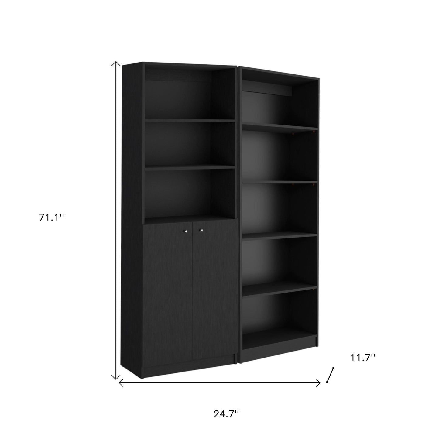 Set of Two 71" Black Five Tier Bookcase With Two Doors