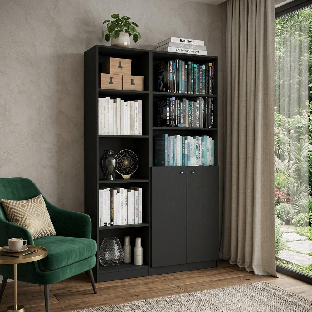 71" Black Five Tier Bookcase with Two doors