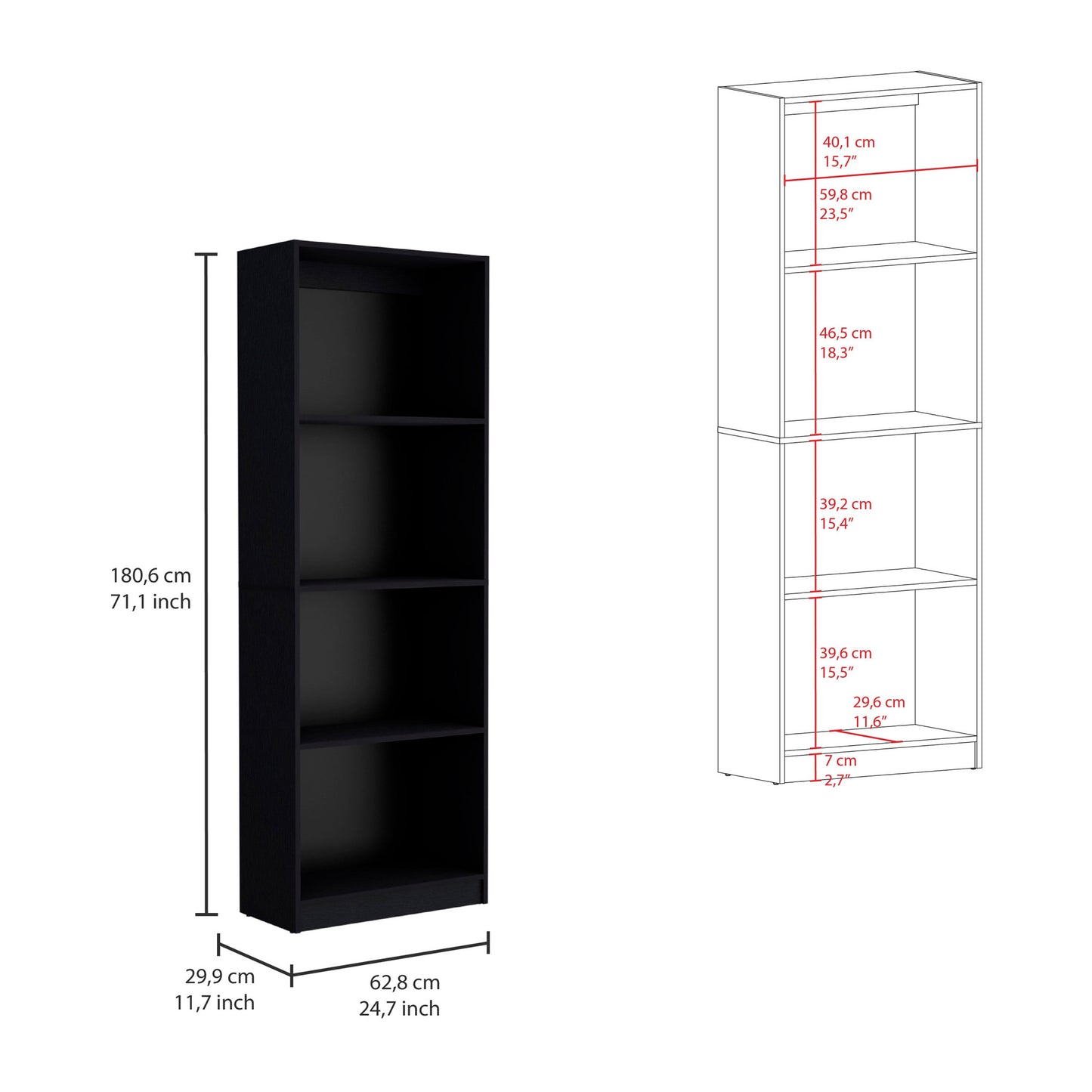 Set of Three Black Five Tier Bookcase