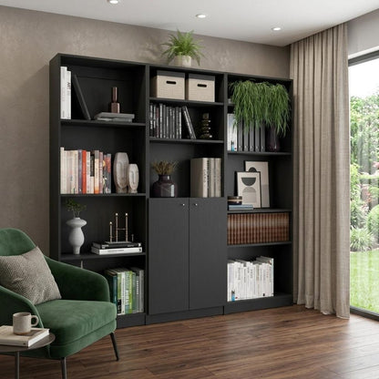 Set of Three Black Wood Five Tier Bookcase with Two Doors