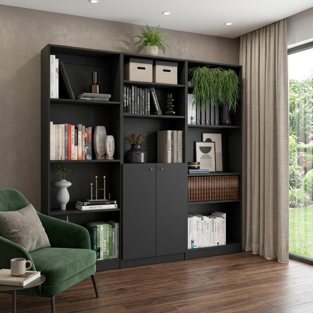 Set of Three Black Wood Five Tier Bookcase with Two Doors