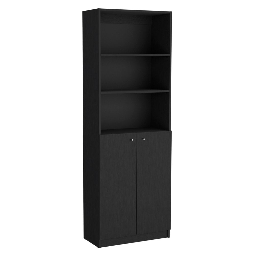 Set of Three Black Wood Five Tier Bookcase with Two Doors