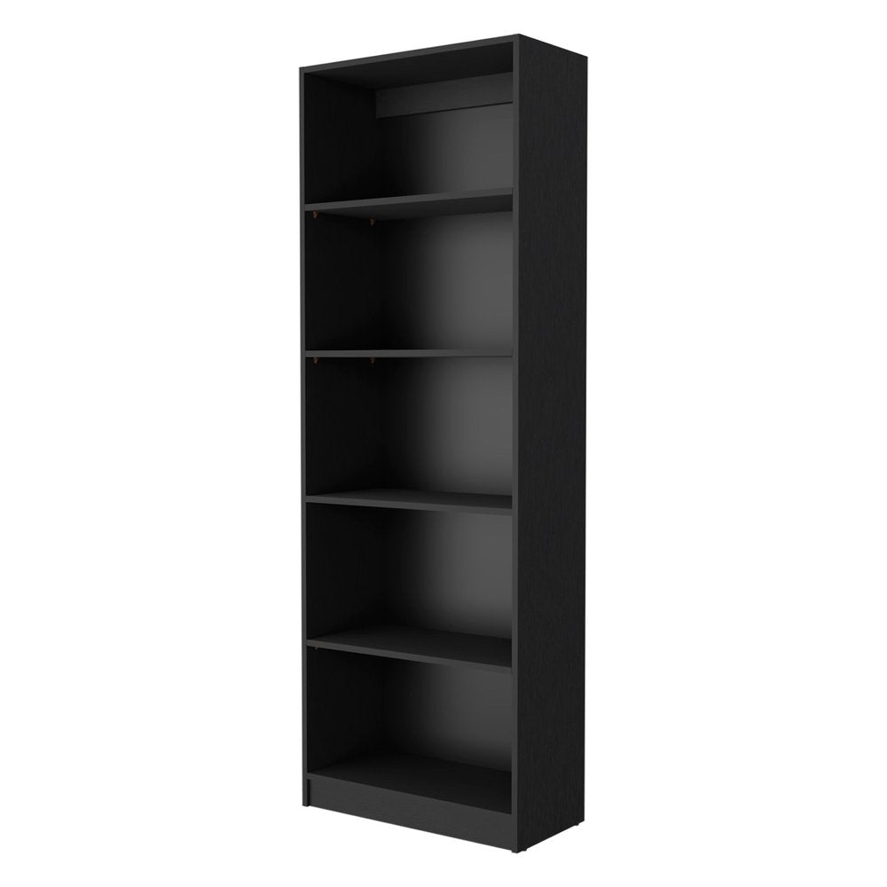 Set of Three Black Wood Five Tier Bookcase with Two Doors
