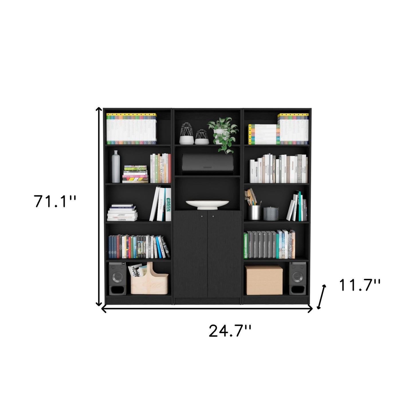 71" Black Five Tier Bookcase with Two doors