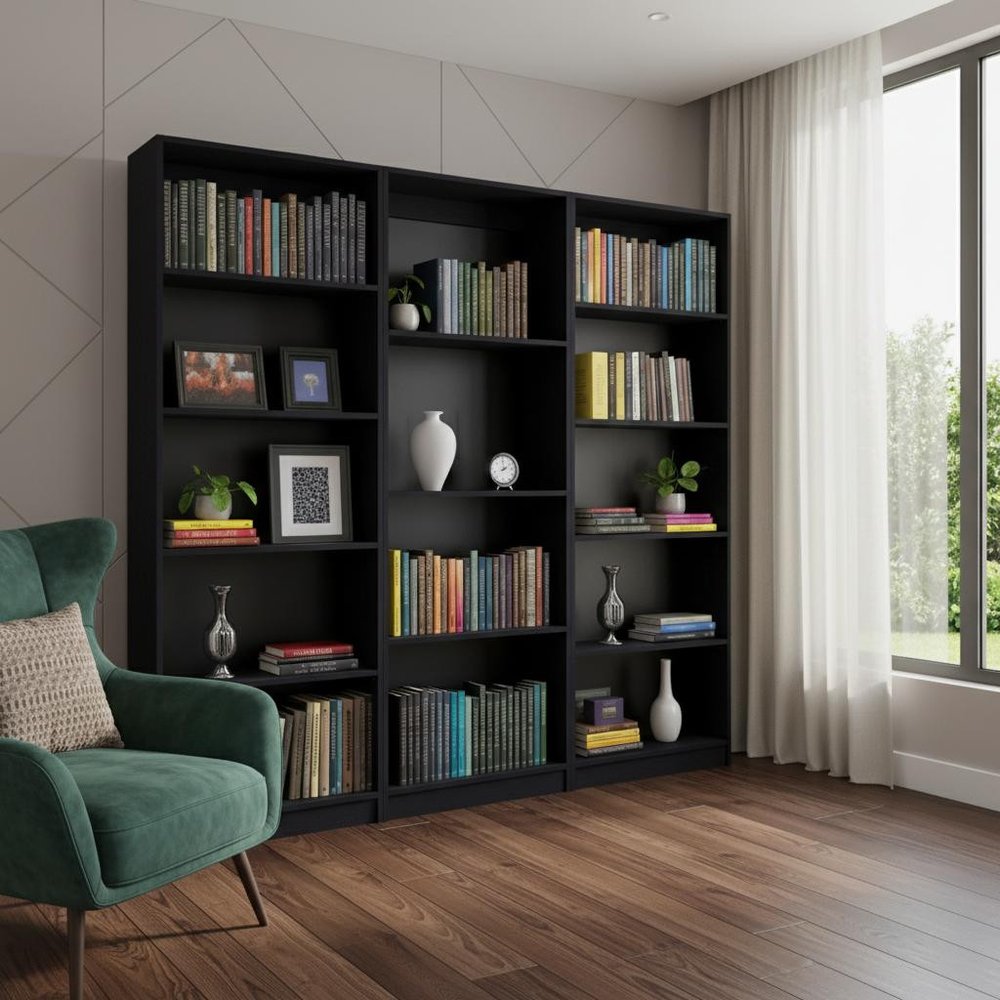 Set of Three Black Wood Four Tier Bookcases