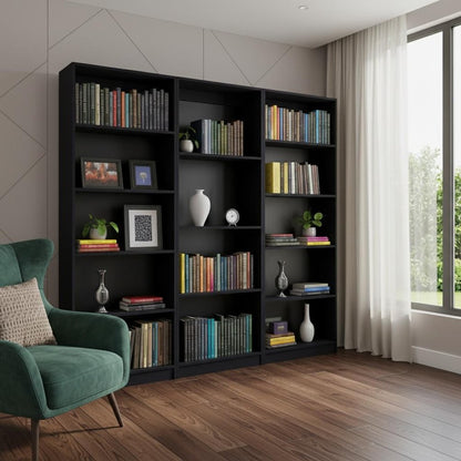 Set of Three Black Wood Four Tier Bookcases