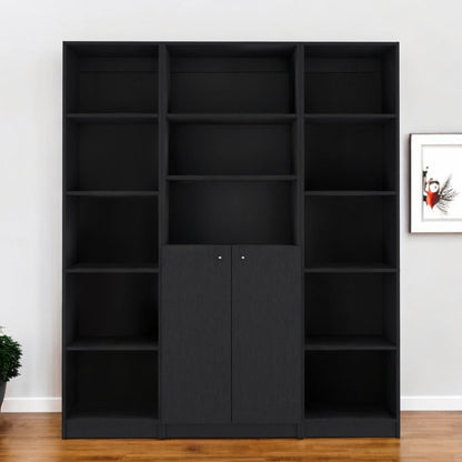 Set of Three Black Five Tier Bookcases with Two Doors