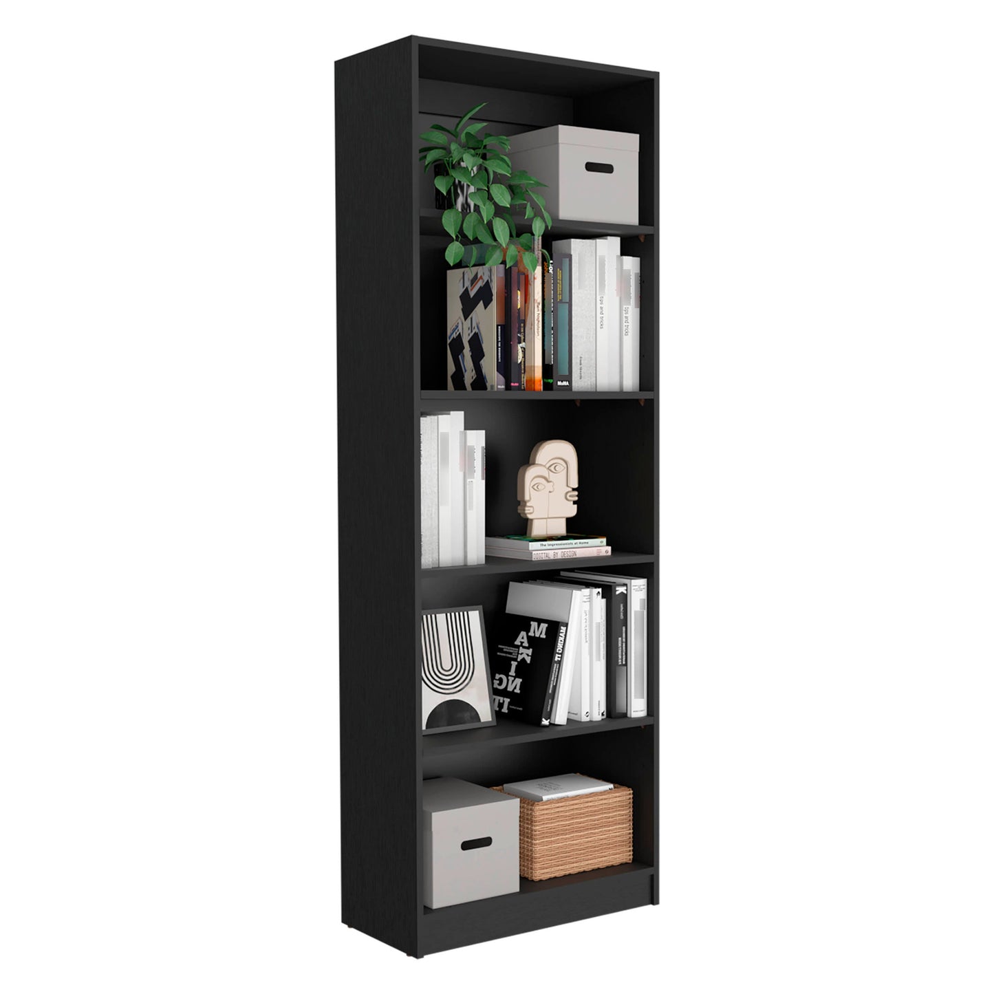 71" Black Five Tier Bookcase with Four Doors