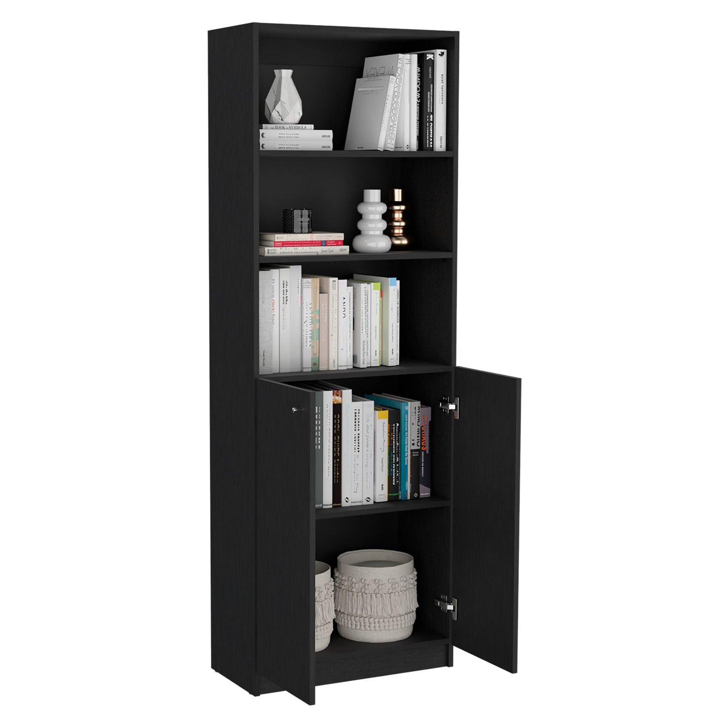 71" Black Five Tier Bookcase with Four Doors