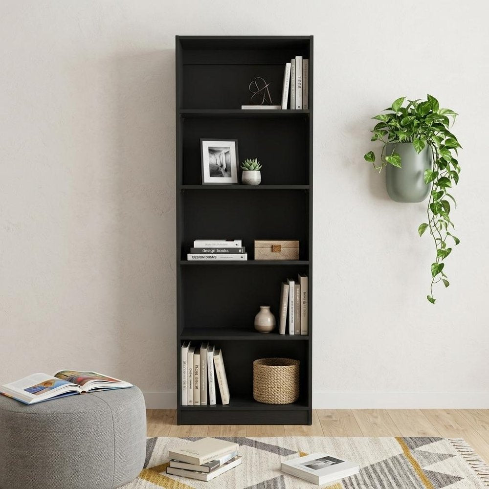 Set of Three Black Five Tier Bookcase with Two Doors