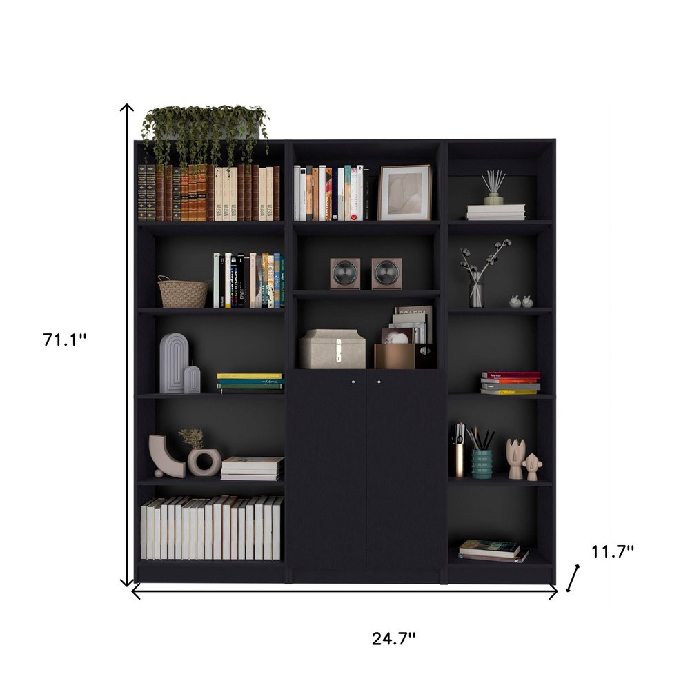 Set of Three Black Five Tier Bookcase with Two Doors