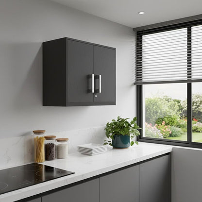 28" Black Wall mounted Accent Cabinet With Nine Shelves And Three Drawers