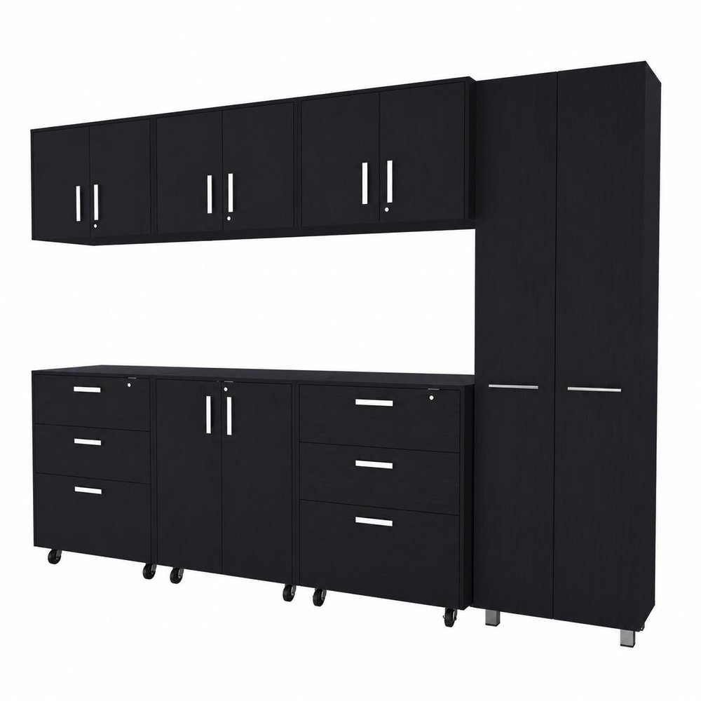 7 Black Wood Wall Mounted Accent Cabinet With Ten Doors And Six Drawers