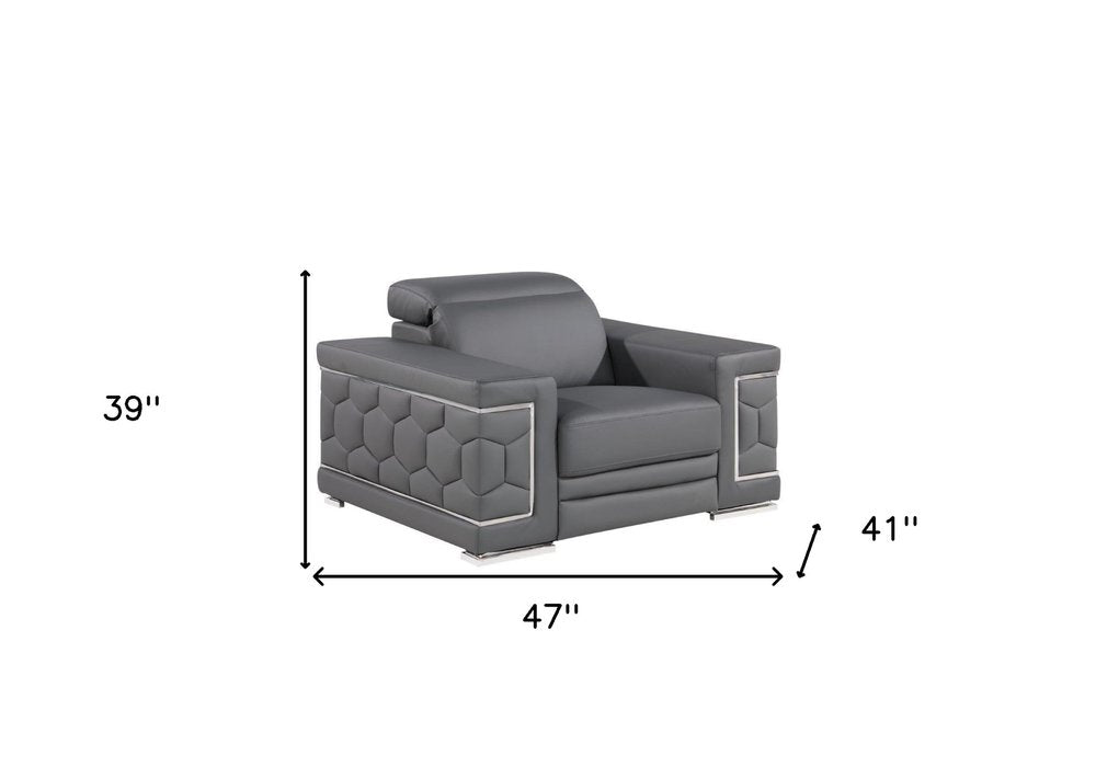 47" Granite Gray And Silver Genuine Leather Club Chair