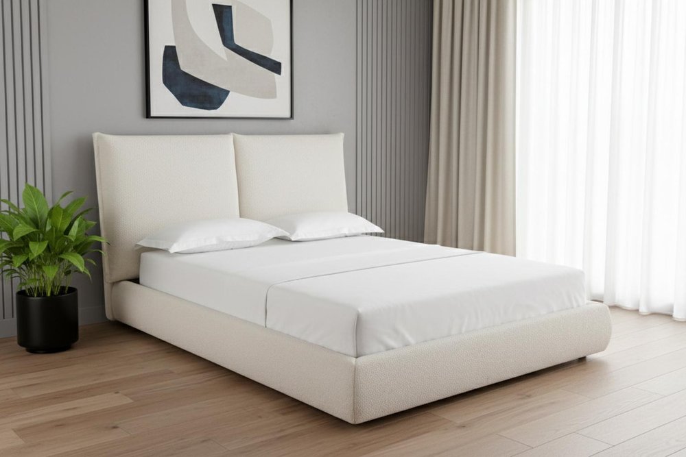 Beige Tufted Boucle Queen Bed Frame
