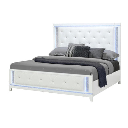 White Faux Crystal Bling Wood And Tufted Cotton Lighted King Bed Frame