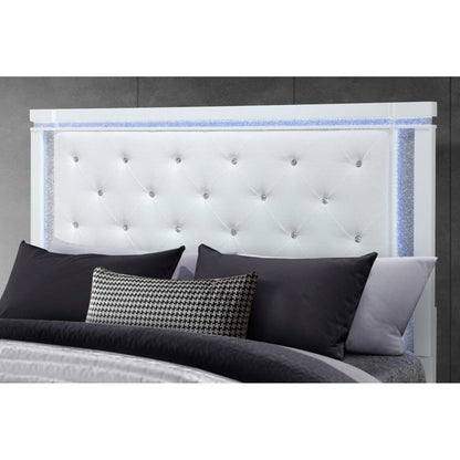 White Faux Crystal Bling Wood And Tufted Cotton Lighted King Bed Frame