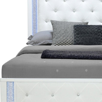 White Faux Crystal Bling Wood And Tufted Cotton Lighted King Bed Frame