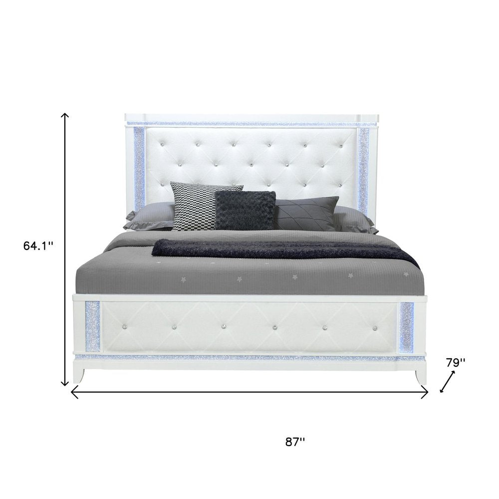White Faux Crystal Bling Wood And Tufted Cotton Lighted King Bed Frame