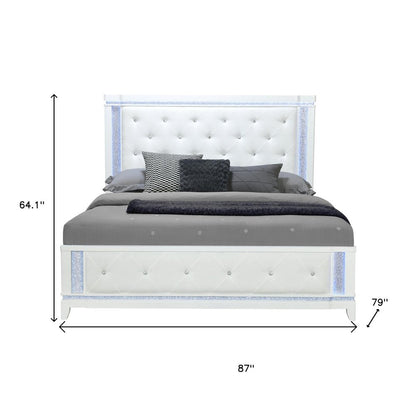 White Faux Crystal Bling Wood And Tufted Cotton Lighted King Bed Frame
