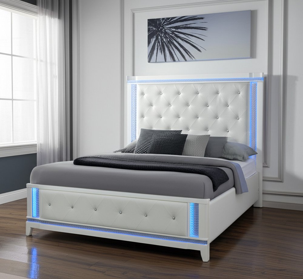 White Faux Crystal Bling Wood And Tufted Cotton Lighted Queen Bed Frame