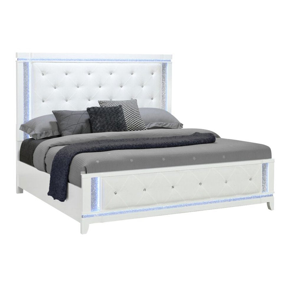 White Faux Crystal Bling Wood And Tufted Cotton Lighted Queen Bed Frame