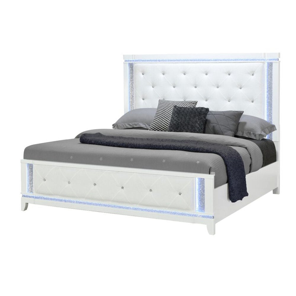 White Faux Crystal Bling Wood And Tufted Cotton Lighted Queen Bed Frame