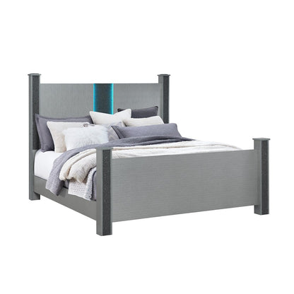 Silver Wood And Faux Crystals Lighted Full Four Poster Bed Frame