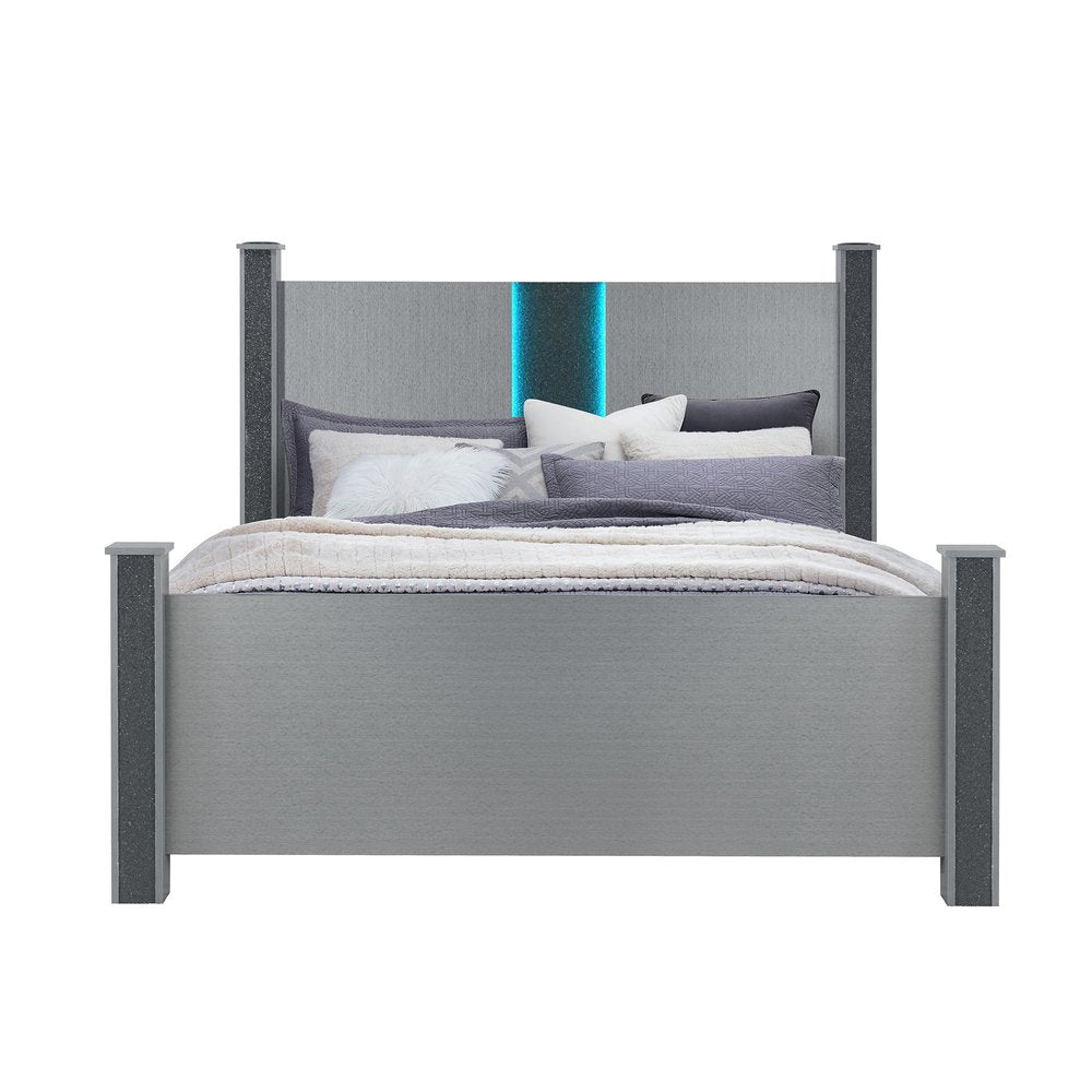 Silver Wood And Faux Crystals Lighted King Four Poster Bed Frame