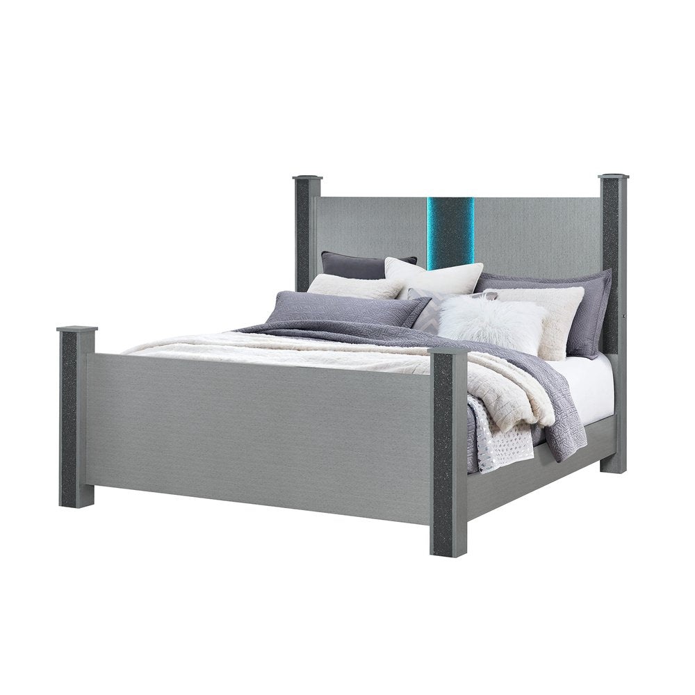 Silver Wood And Faux Crystals Lighted Queen Four Poster Bed Frame