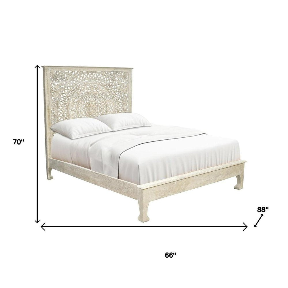 Gray Carved Floral Distressed Solid Wood Queen Bed Frame
