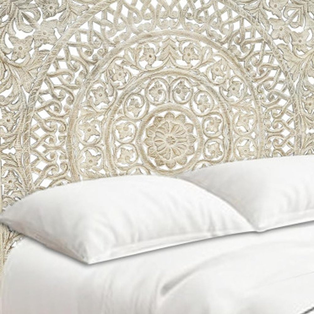 Gray Carved Floral Distressed Solid Wood Queen Bed Frame