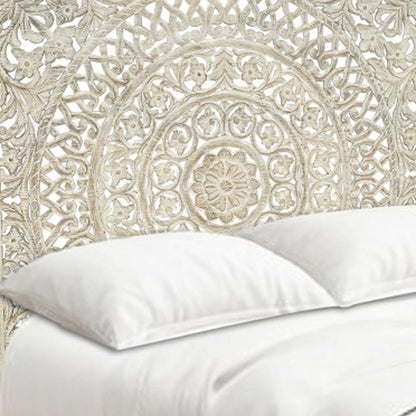 Gray Carved Floral Distressed Solid Wood Queen Bed Frame