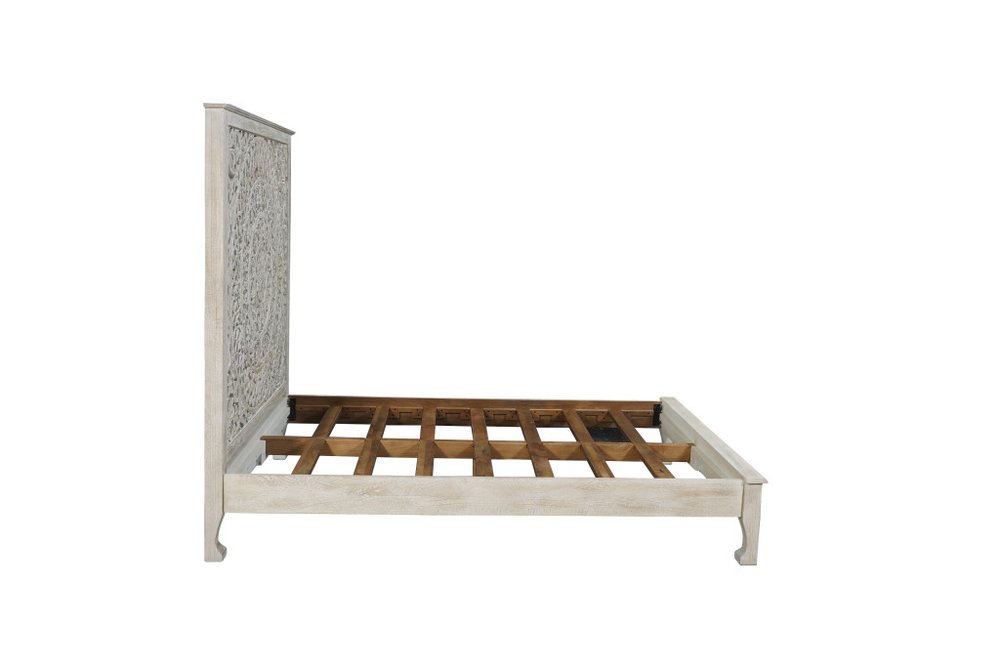 Gray Carved Floral Distressed Solid Wood Queen Bed Frame