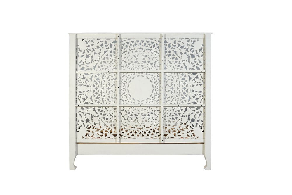 Gray Carved Floral Distressed Solid Wood Queen Bed Frame