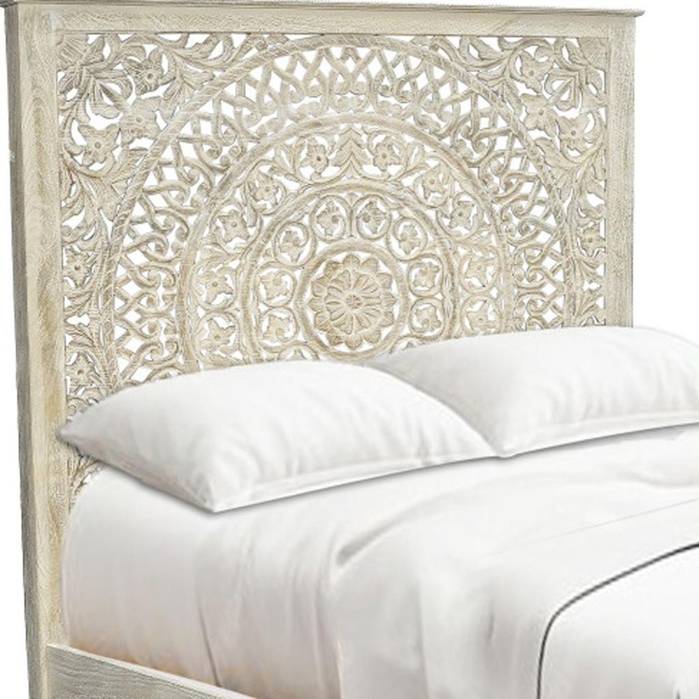 Gray Carved Floral Distressed Solid Wood Queen Bed Frame