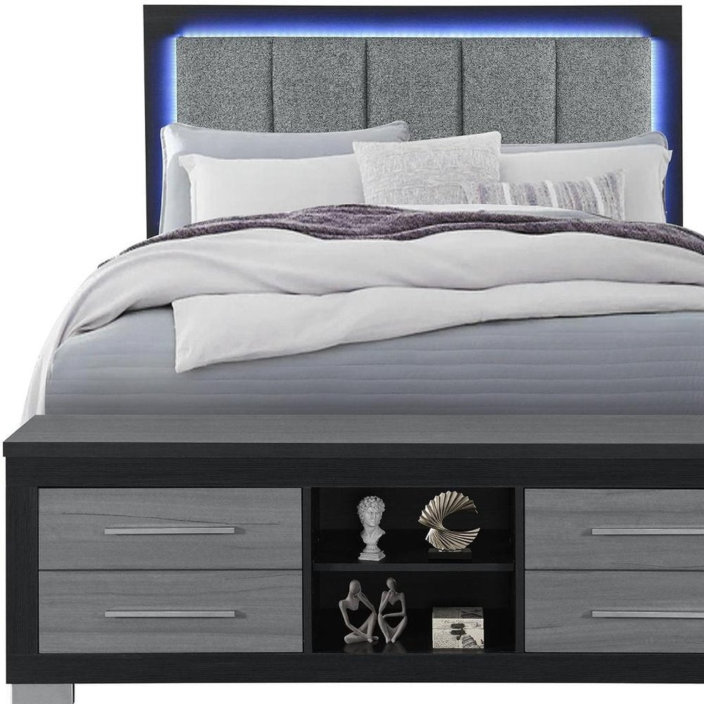 Black and Gray Wood And Upholstery Upholstered Queen Bed Frame With USB And Drawers With Drawer, Shelve Storage