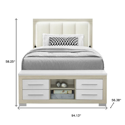 Natural White And Beige Wood And Upholstery Lighted Upholstered Full Bed Frame With USB And Drawers With Drawer, Shelf Storage