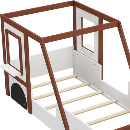 Mahogany and White Wood Twin Race Car Playhouse Bed Frame