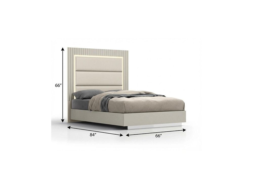 Gray Inlaid Panels Wood And Faux Leather Upholstered Queen Bed Frame