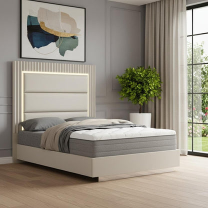 Gray Inlaid Panels Wood And Faux Leather Upholstered Queen Bed Frame